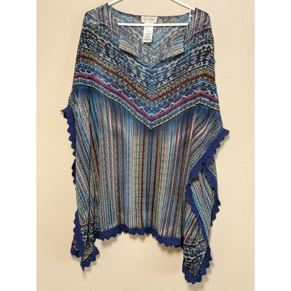 Jessica Simpson Womens Blue Multi Color Geometric Crochet Trim Sheer Poncho S